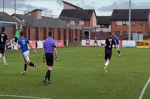 Connor Boyd curls a stunning effort into the top corner to make it 2-0 to Irvine Meadow in their match against Cumnock Juniors. Credit: Ayrshire Film Co.