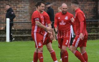 Michael Moffat, seen here celebrating one of Glenafton's six goals in their South Challenge Cup tie away to Kello Rovers on September 16, said a final farewell to Ayr United at his testimonial match on Sunday (Image: Glenafton Athletic)